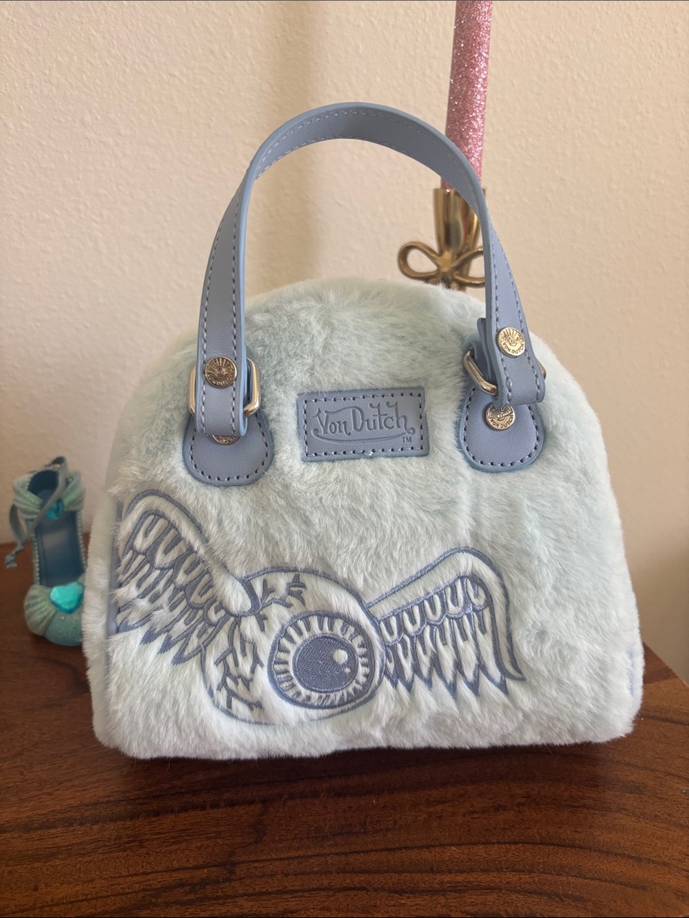 Von Dutch Light Blue Faux Fur Mini Bag with Leather Handles